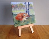 Original tiny oil painting cute whimsical red fox "Rest"