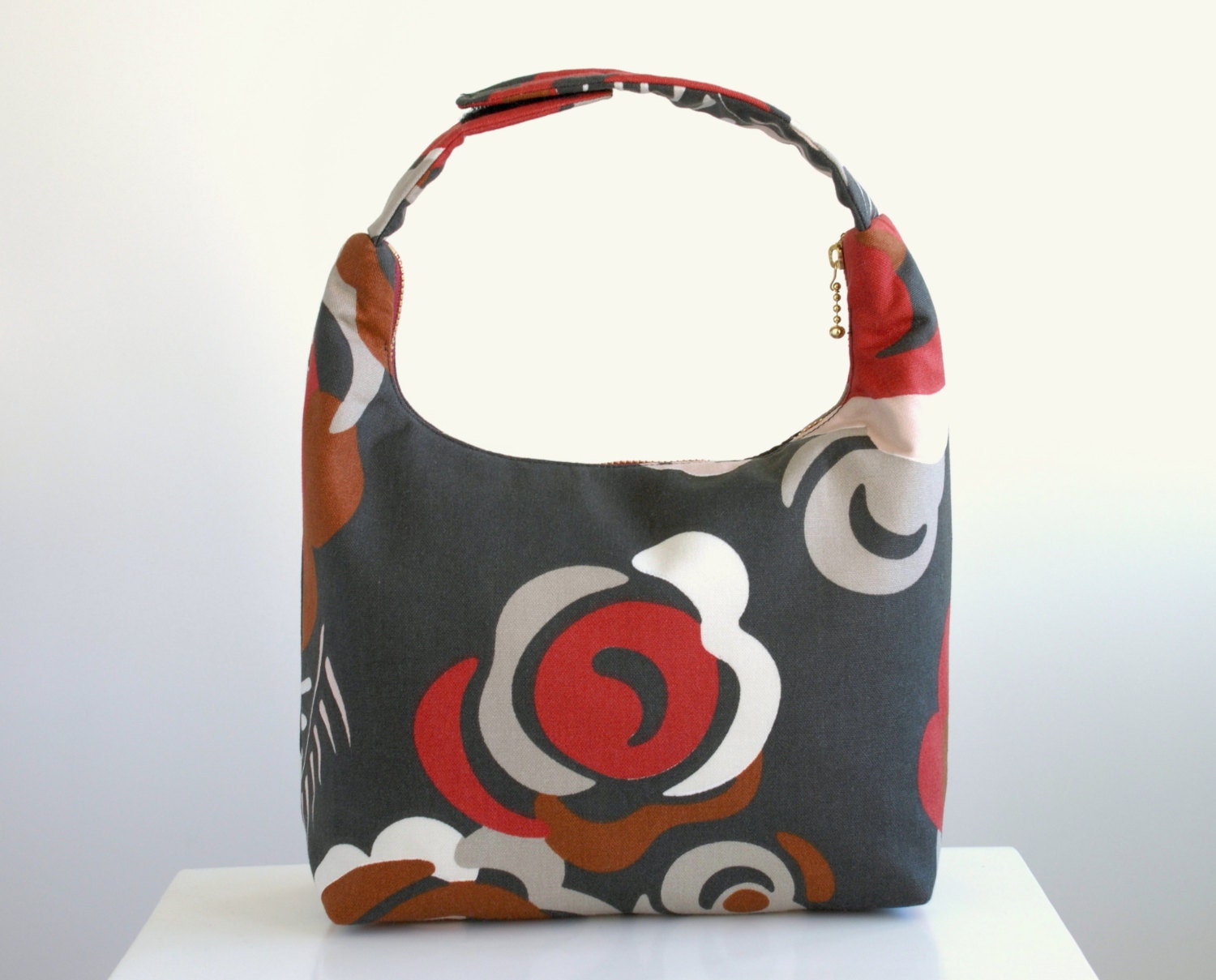Lunch Bag Insulated, Women Lunch Bag, Women Small Purse,Fabric Lunch Bag, Eco Friendly Lunch Tote-Charcoal Gray Red Rose