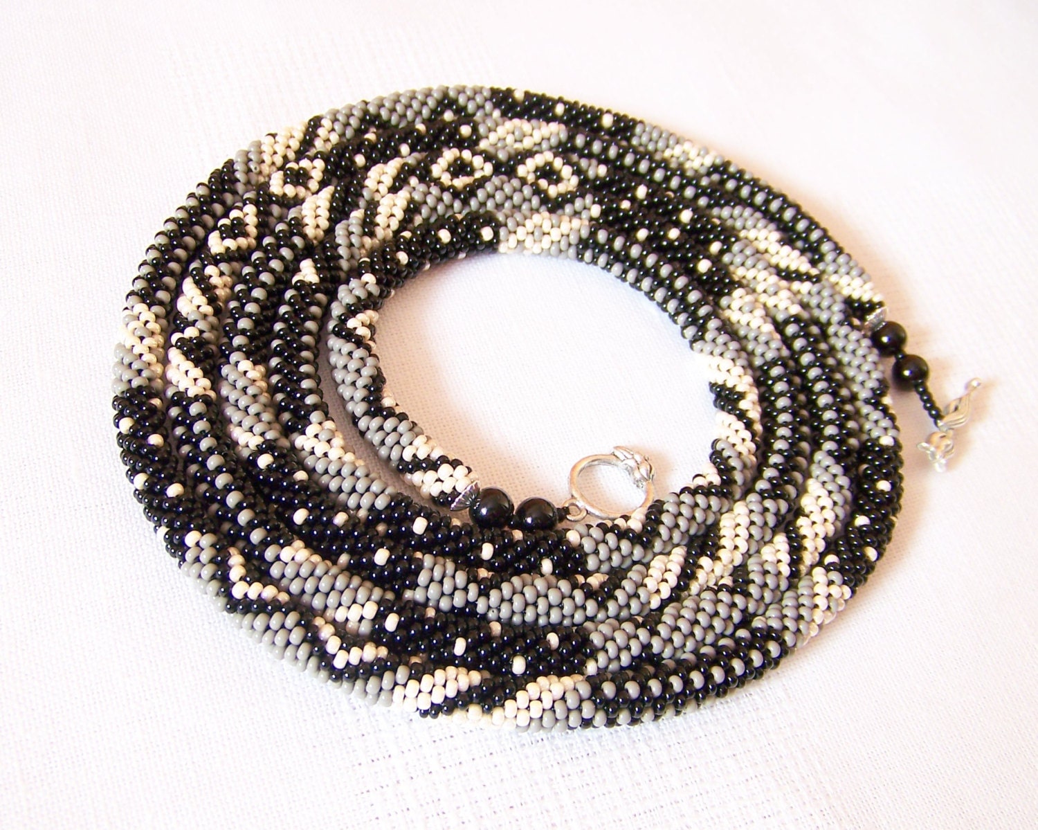 Long Beaded Crochet Rope Necklace - Beadwork - Seed beads jewelry - Elegant - Geometric  - Patchwork - Grey - Black - Light Beige