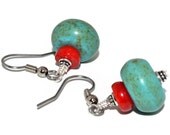 Chunky Turquoise And Coral Dangle Earrings, Surgical Steel Earwires, Bold Southwestern Bohemian Jewelry