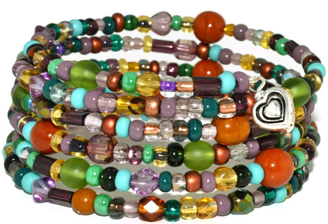 Six Wrap Czech Glass Beaded Memory Wire Bracelet, Earthy Colors, Boho Style Stacked Jewelry