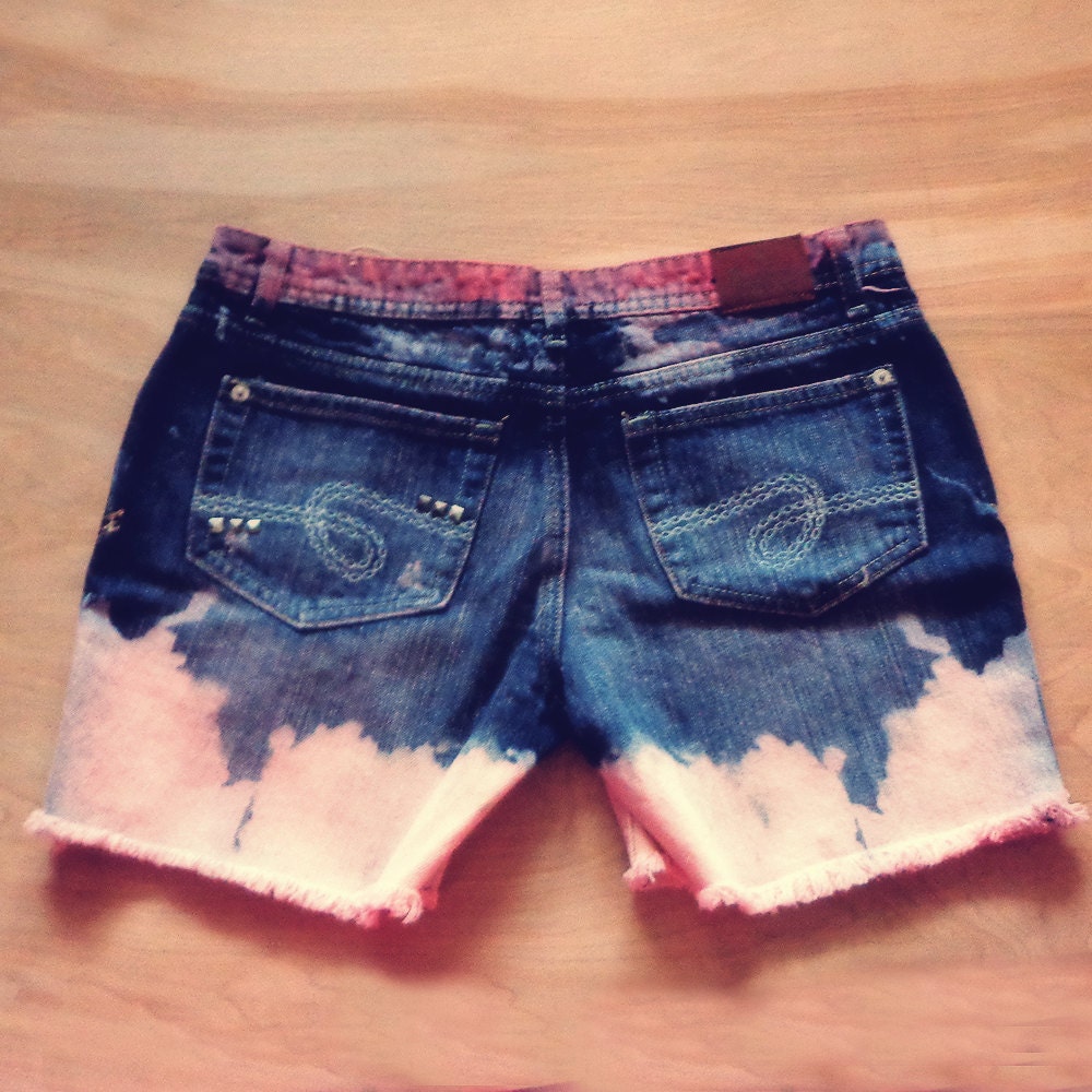 Upcycled Denim Dip Dye Shorts with Destruction and Studs - Size 8