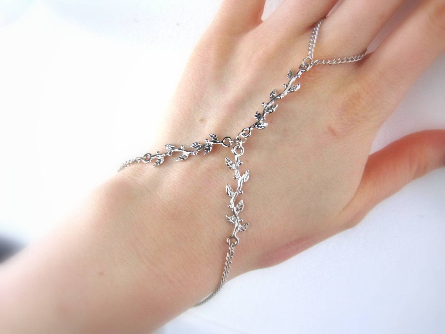Silver metal twig hand bracelet, silver chain slave bracelet, unique slave bracelet, silver ring
