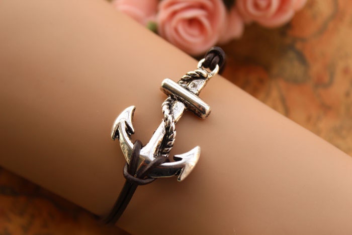 anchor bracelet,retro silver anchor pendant bracelet,brown true leather bracelet---B201