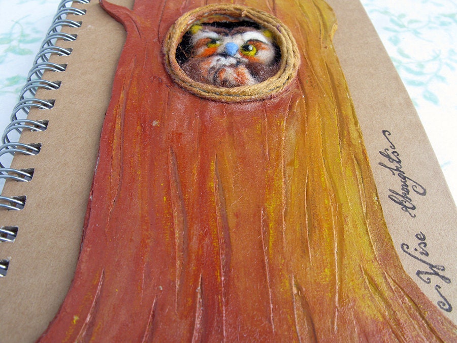 Owl Journal Notebook 'Wise Thoughts' Needle Felted Spiral Bound A6 Altered Kraft Note Pad