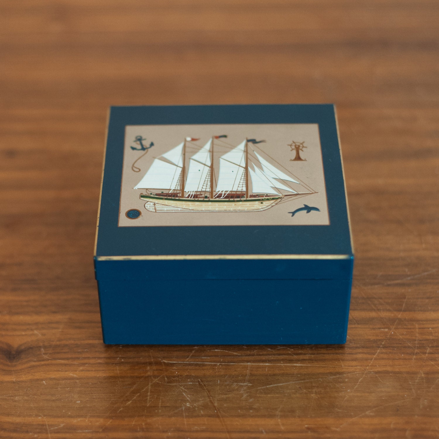 Vintage Otagiri lacquerware nautical coasters, boxed set of 6, gold and navy blue ship