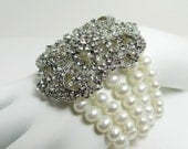 Multi Strand Pearl Cuff Bracelet Statement Victorian Pearl and Rhinestone Bridal Jewelry