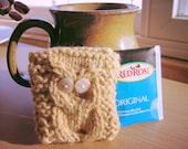Small Gold Owl Tea Wallet, Mustard Yellow Hand Knit Tea Bag Holder, Owl Purse