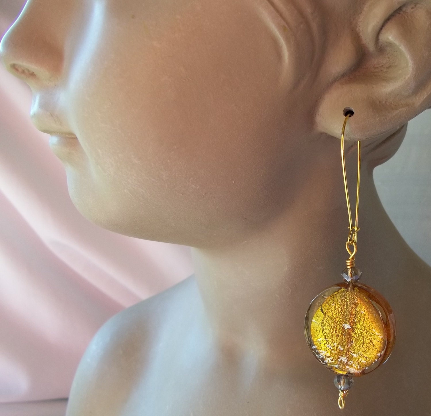 Gold Hand Made Glass  Earring Jewelry Hypoallergenic