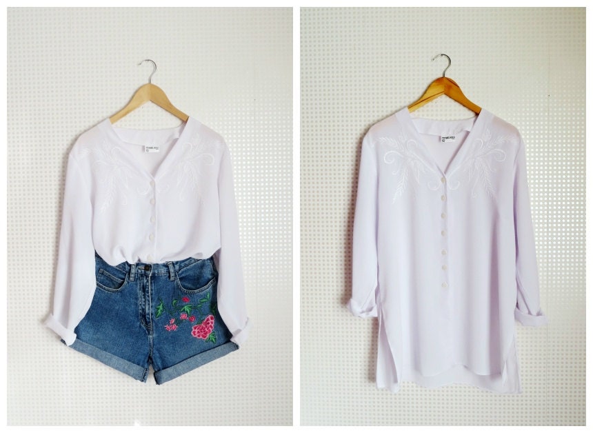 White V Neck Blouse with Floral Embroidered Deatil