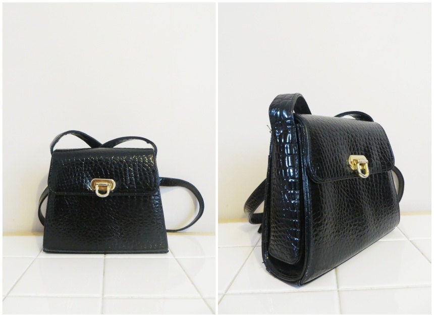 Black Faux Crocodile Skin Handbag