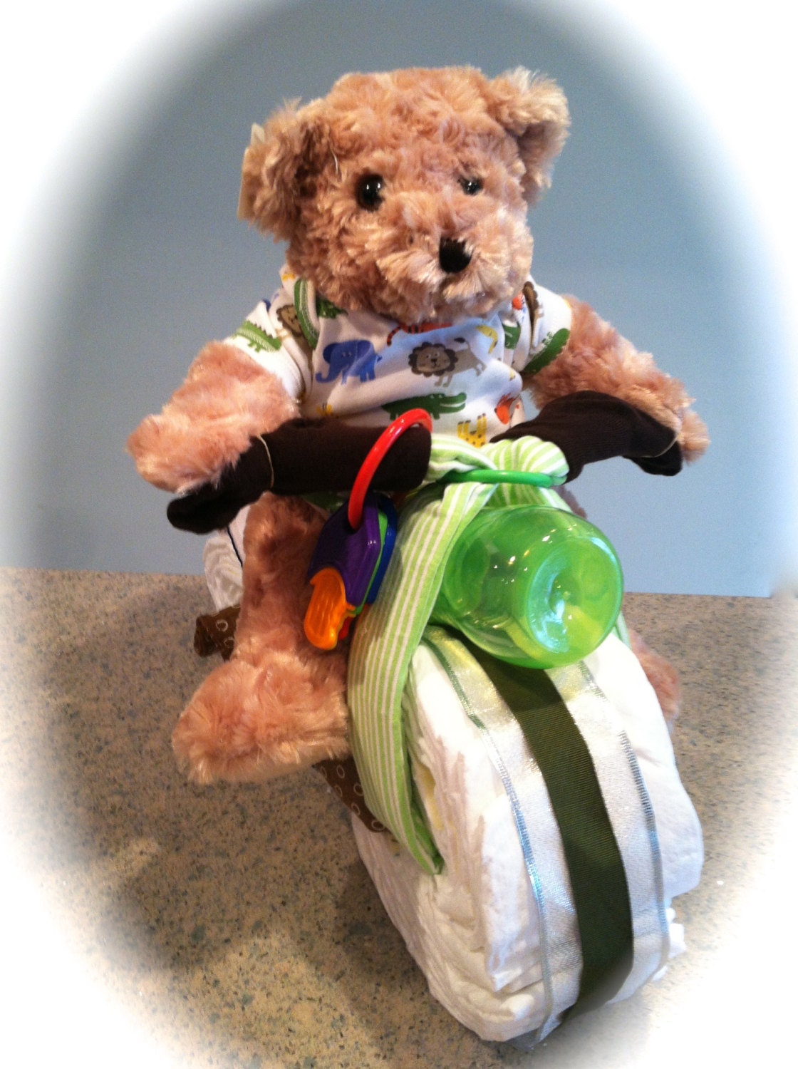 Motorcycle Diaper Cake baby boy shower gift green beige teddy bear