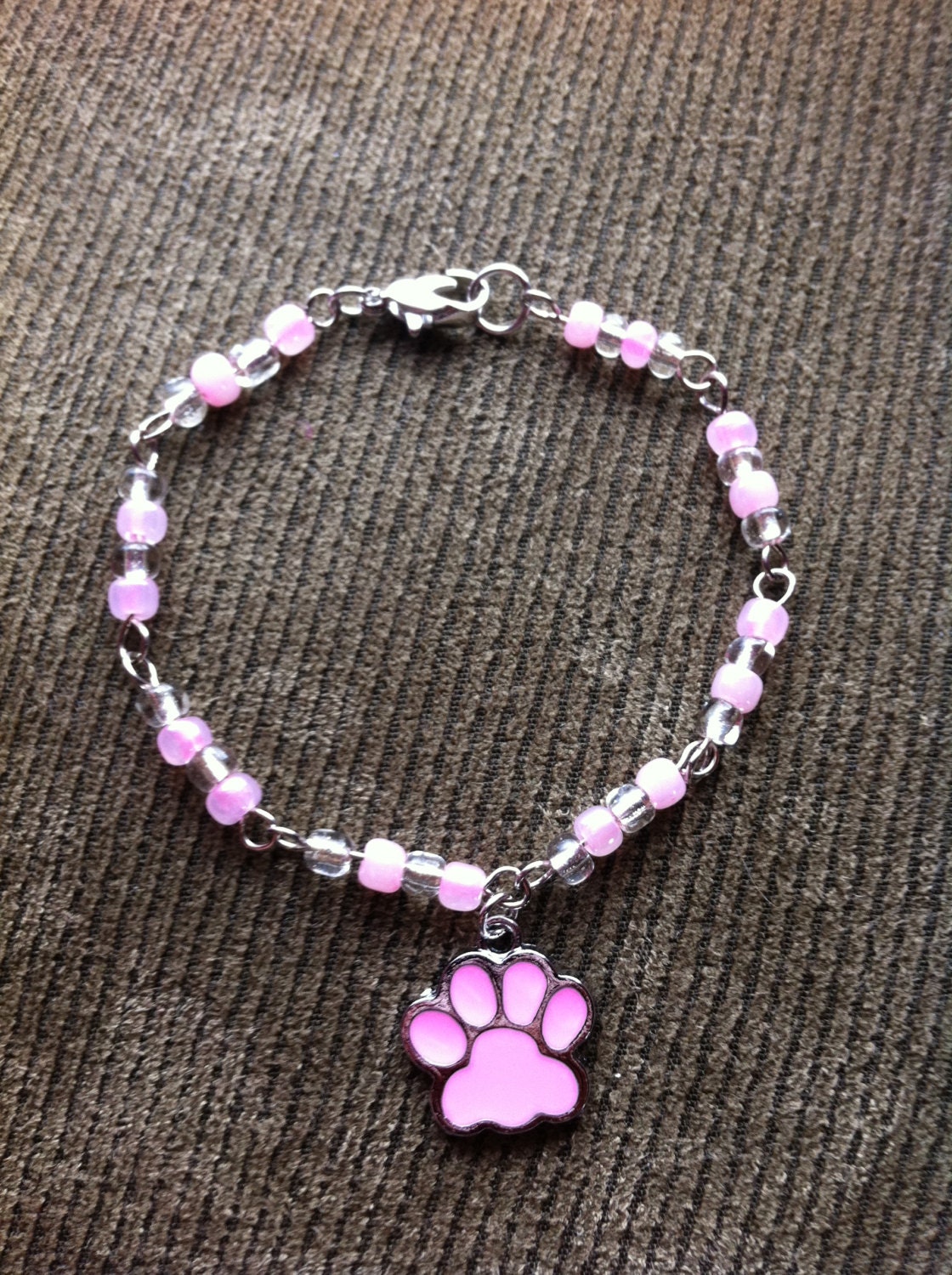Baby Pink & Crystal Czech Glass Seed Bead Bracelet With Pink Paw Charm