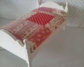 Dollhouse 1/12 scale single bed handpainted white with covers made using patchwork style fabric