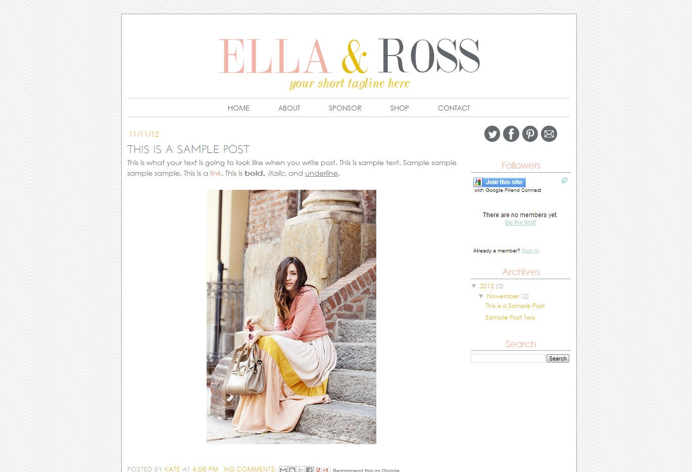 Blogger Premade Template Design - "Ella & Ross" Instant Digital Download