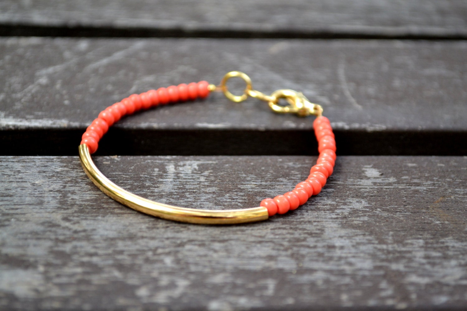 Coral Czech Seed Bead Gold Tube Bracelet - Stacking Arm Party Lobster Clasp Bracelet