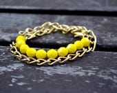 Yellow Czech Faceted Glass Bead and Gold Chain Wrap Bracelet - Arm Party Stacking Bracelet