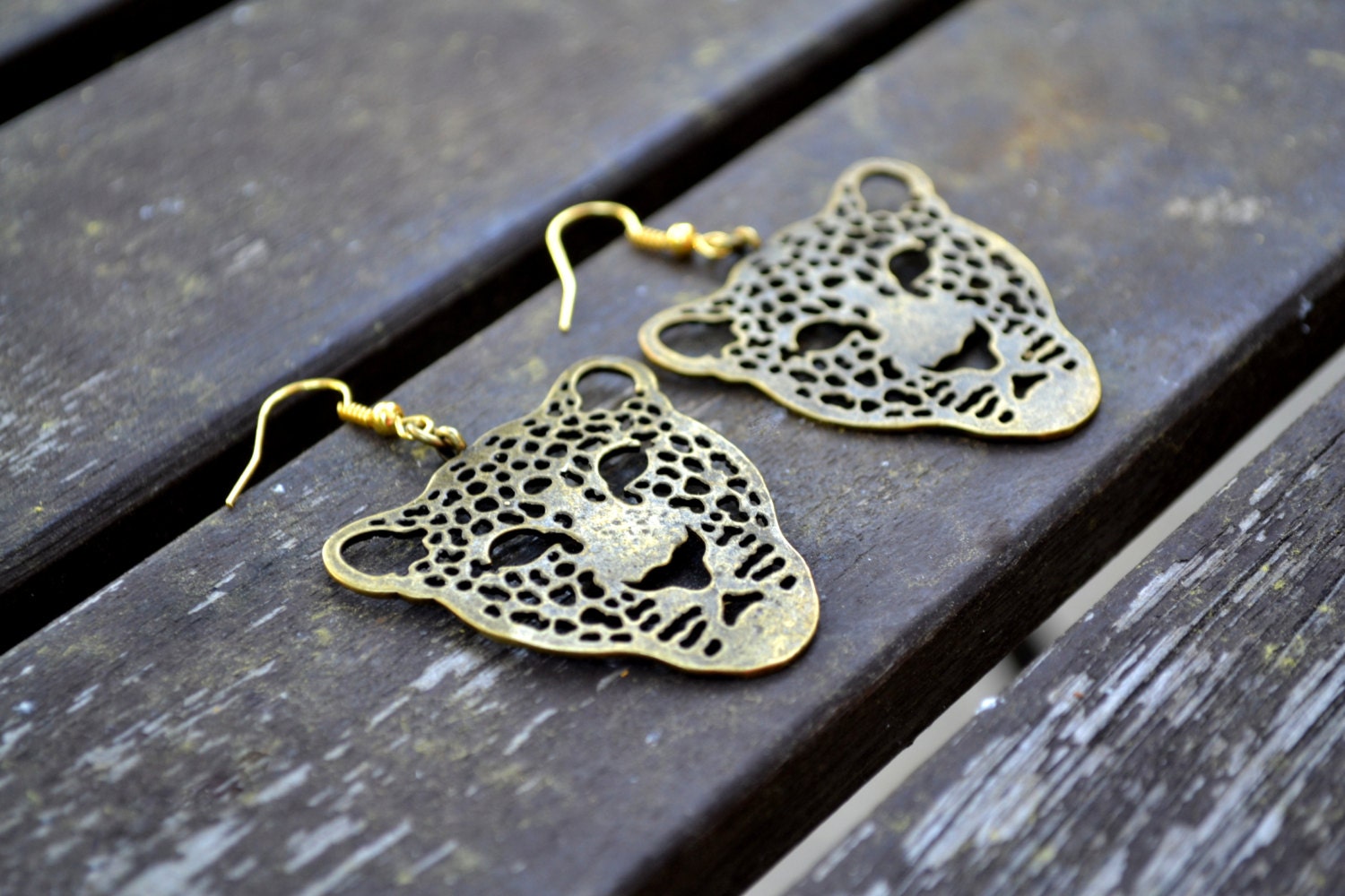 Leopard Face Antique Gold Dangle Statement Earrings - Wild Animal Safari Earrings