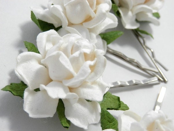 Rose Hair Clips - Four  Pure White Fantasy Flower Bobby Pins Bridal Accessory Wedding Accessories
