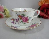 1930s Aynsley English Bone China Pink Rose Ribbed Teacup and Saucer - Delightful