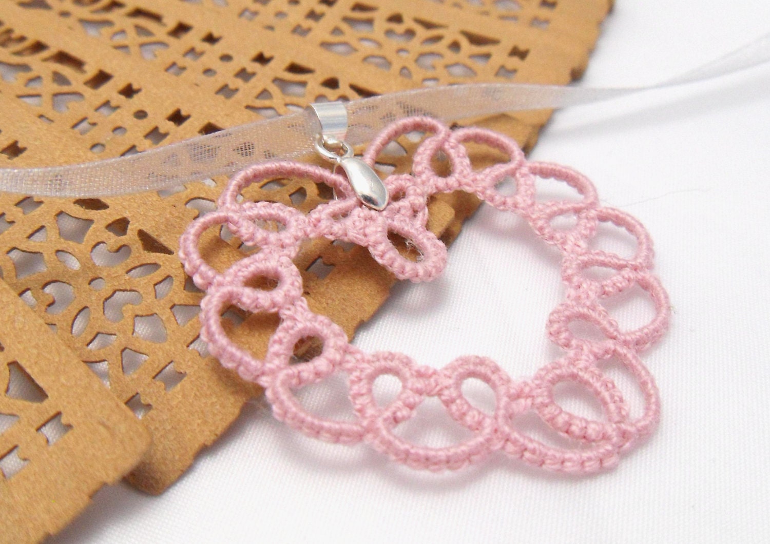 Tatting heart necklace -Sweet heart  - tatting lace pendant in pink color with silver ribbon, Valentine's Day gift - MadeByRevi