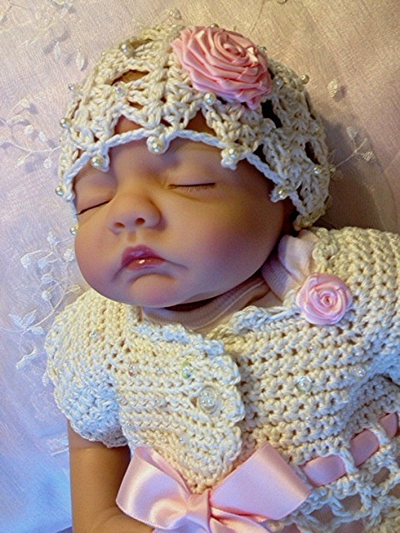Baby Girl  Pearls and  Satin Crochet  Sweater and Hat Set.
