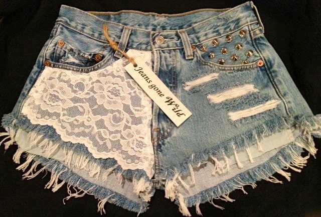 LACE High waist destroyed denim shorts super frayed  size Sm/Med/Lg