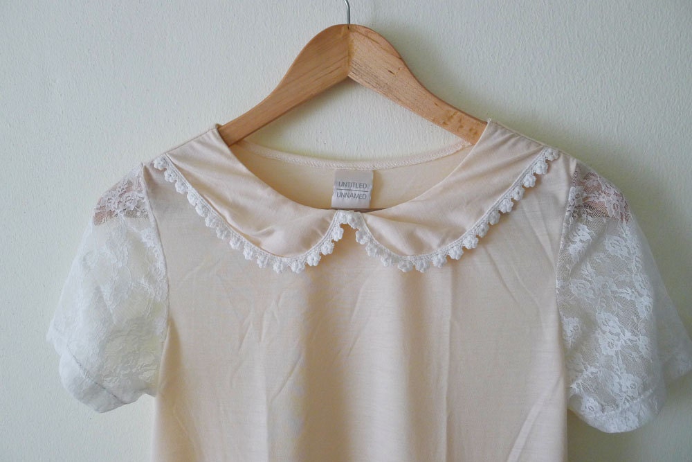 SALE 100 % thin cotton pink tunic short sleeves dress, long t-shirt, lovely peter pan collar, lace sleeves, vintage style - lace sleeves