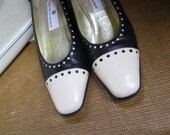 Saks Fifth Avenue Size 7 Italian Leather, Black and White Dot shoes, vintage spectator heels