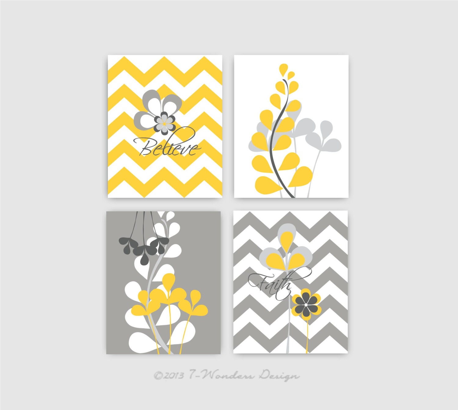 Inspiration Believe and Faith with Botanical Illustration Prints Gray Yellow Set of (4) 8" x 10"  Modern Home Decor