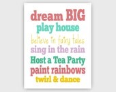 Children's Kids Girls Art Prints 11" x 14"  Dream Big  //  Grey-Multi and Girls Land of Nod Colors // Nursery // Bedrooom // Playroom