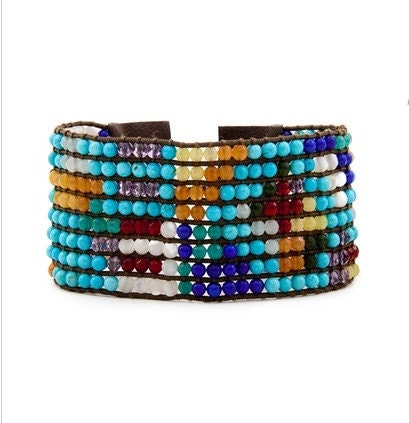 NEW Turquoise Stones With Crystal Stones 8 Rows Handmade Cuff Bracelet Leather With 925 Silver Button L532