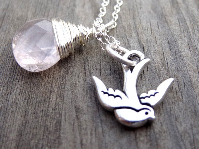 Silver Dove Bird Pink Wire Wrapped Rose Quartz Bead Pendant Necklace Jewelry Crystal Birds Animal