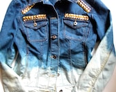TUCK Womens Upcycled Ombre Blue Bleached Denim Jacket with Silver & Gold Pyramid Studs - Size S/M