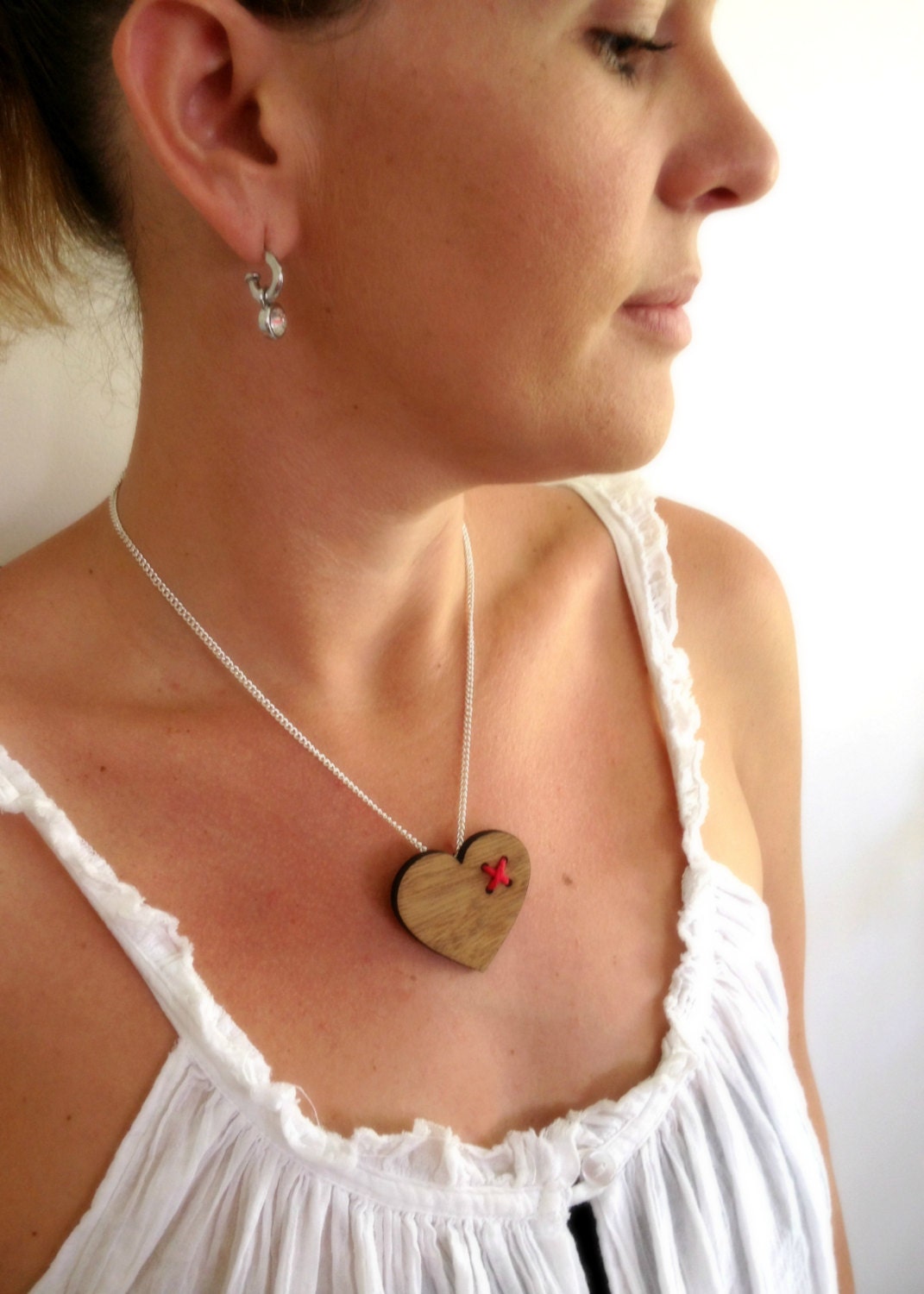 Valentine Cross My Heart Love Brooch with Bail - Tallowwood and Red Yarn Stitching Embroidery