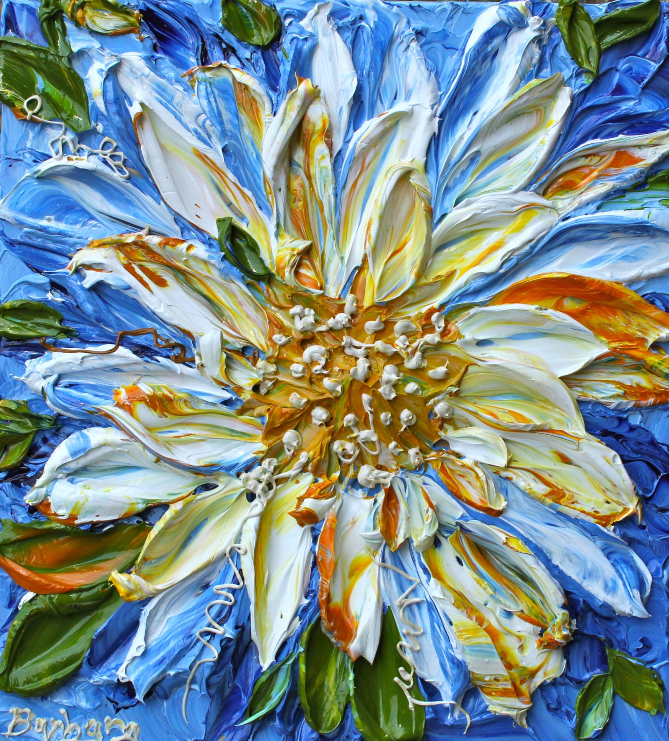 Good Morning Sunshine - Floral Impasto Painting of Giant White Sunflower with Blue Background