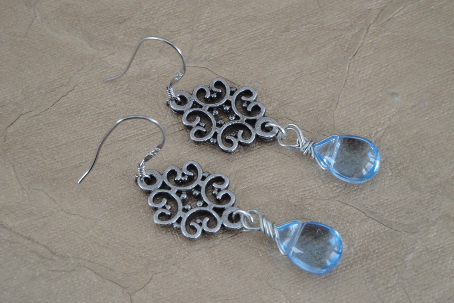 Wire Wrapped Earrings, Filigree Earrings, Tear Drop Earrings, Romantic Earrings