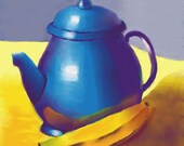 Blue Pitcher and Banana Fine Art Print,  Blue, yellow,  In USA shipping included. 10 X 10 inches. - DessieFullTimeArtist