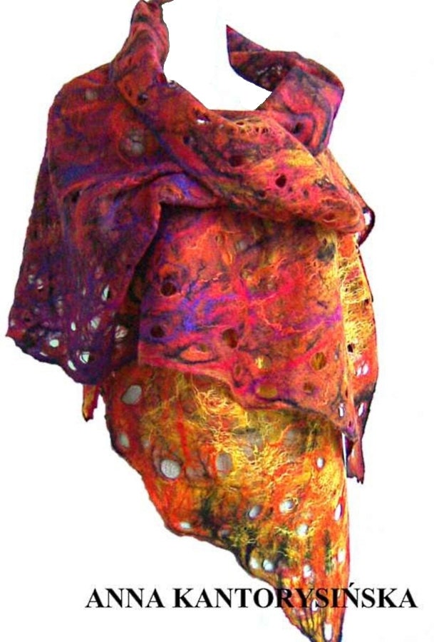 felted scarf shawl FIRE QUEEN handmade, free shipping, silk fibers, merino wool, 100% natural, eco fashion by Kantorysinska