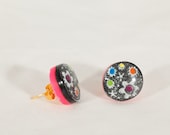 Stud earrings, Black floral earrings, neon pink with flower texture, hand painted earrings, handmade polymer clay jewelry - OOAK