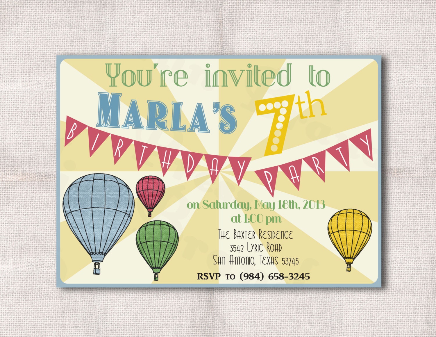 5x7 Hot Air Balloon Birthday Party Custom Printable Invitation