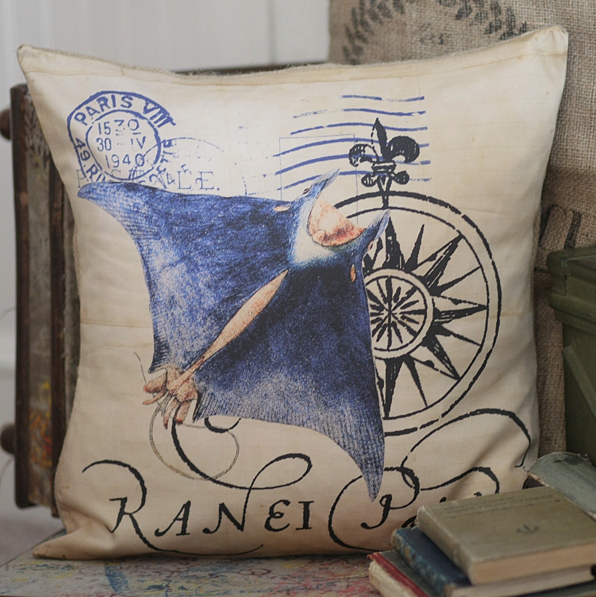 Vintage French Stingray Cartographer Postal Document Burlap Organic Cotton Throw Pillow Cover Ships FREE to US and Canada