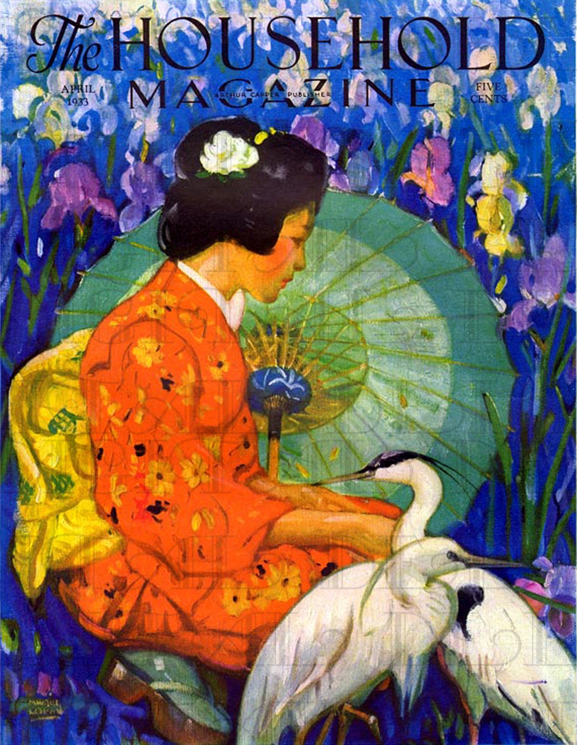 Art deco Japanese Maiden and Birds.  Vintage Art Deco Illustration. Digital DOWNLOAD. Vintage Art Deco Digital Print