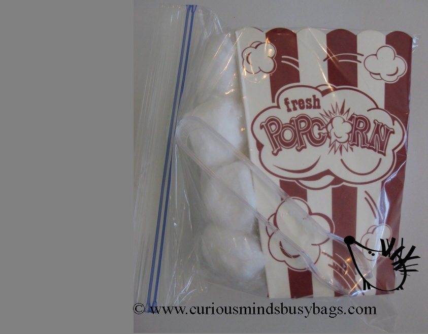 Popcorn Fine Motor Busy Bag (learning activity) for Toddlers and young children. Self-contained activity