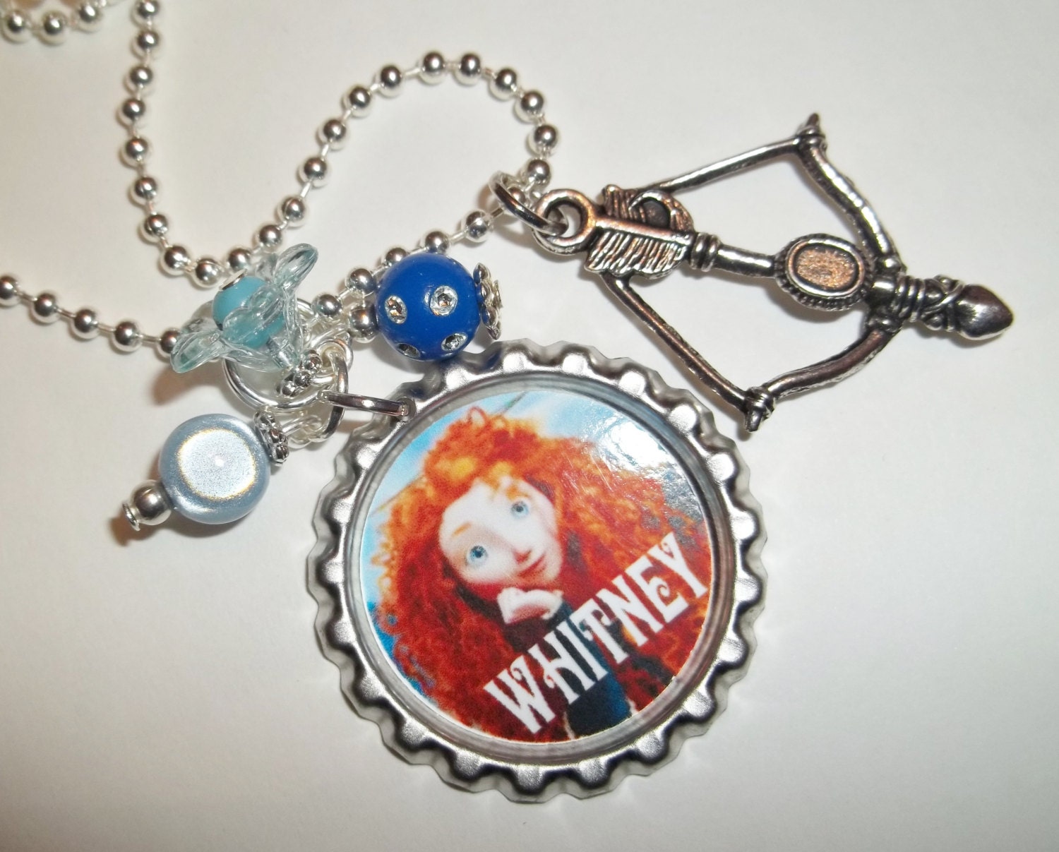 personalized disney princess brave merida bottle cap bottlecap necklace bow and arrow charm and coordinating beads Peter Pan