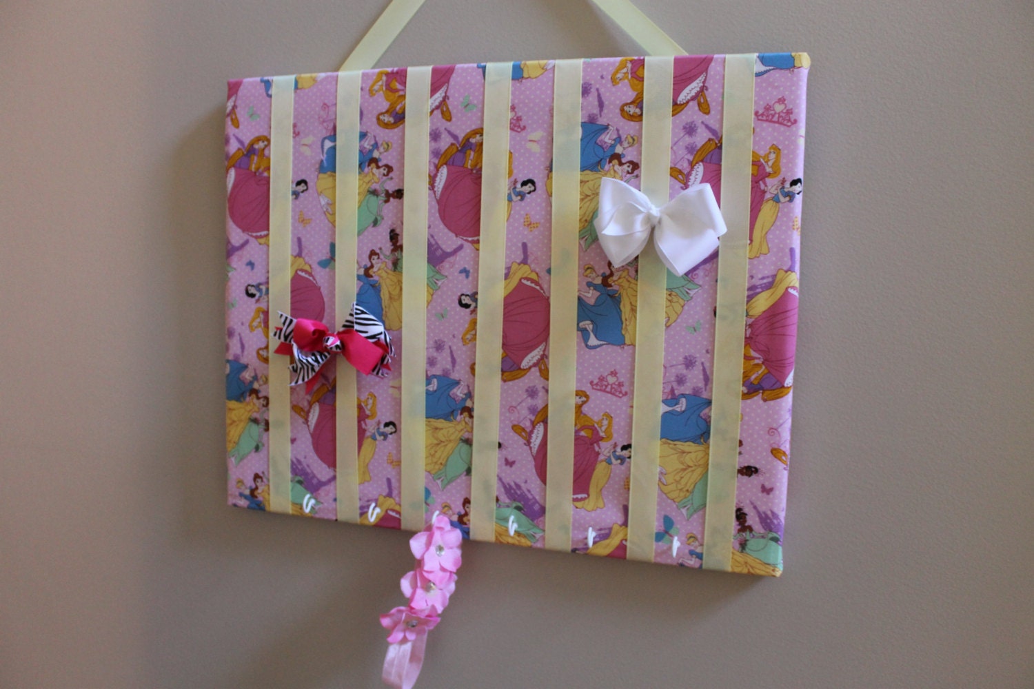 Large Pink Disney Princess Hair Bow Holder - Organizer for Headbands, Hairbows, Chunky Necklace and Accessories - Girls Frame Board