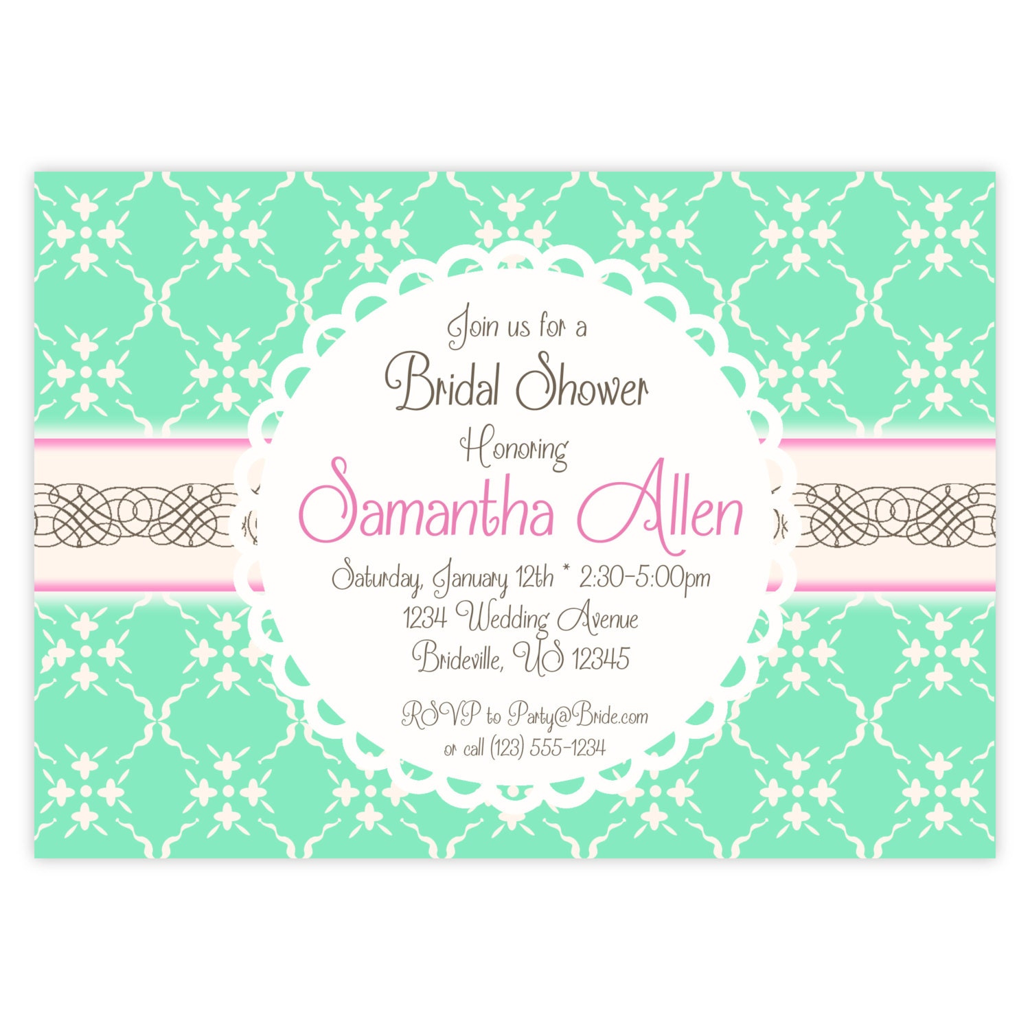 Bridal Shower Invitation - Simple Bright Green Floral, Pink and Lace Personalized Bridal Shower Party Invite - a Digital Printable File