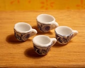 Dollhouse Coffee Cups - Doll House Blue White Floral Banded Set of 4 Tea Cups - 1/12th Scale