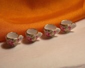 Dollhouse Coffee Cups - Doll House Pink Rose Floral Set of 4 Tea Cups - 1/12th Scale