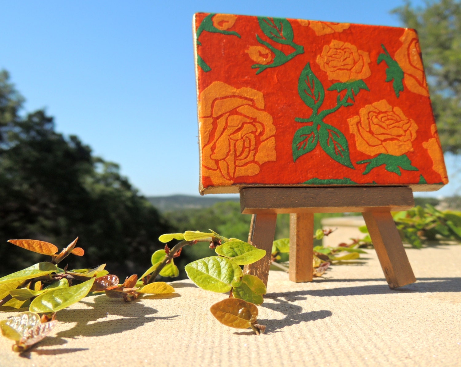 Orange Flowers on Mini Canvas with Gold Easel, Painted Roses, Roses Art, Mini Easel, Mini Art